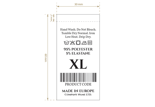 Laundry care label with size and barcode Model TC-M193